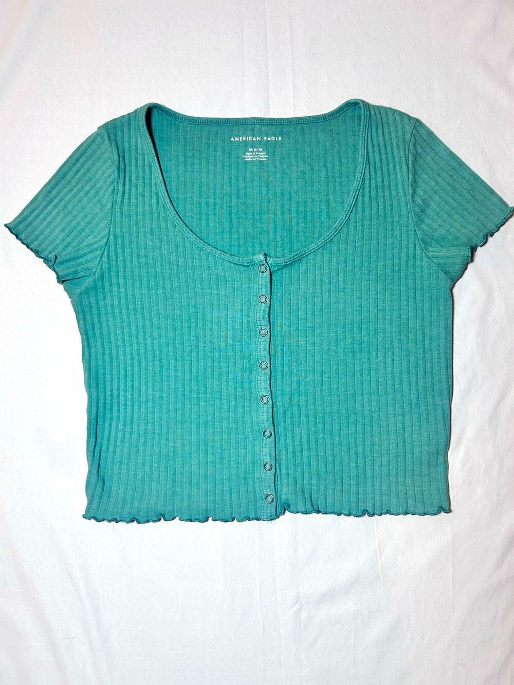 American Eagle Women’s Ribbed Knit Button Front Scoop Neck Top Green M